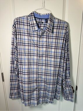 Izod Men's Light Blue and Navy Plaid Button-Down Shirt